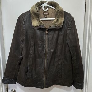 DANIER Women's Brown Leather Jacket with Faux Fur Collar